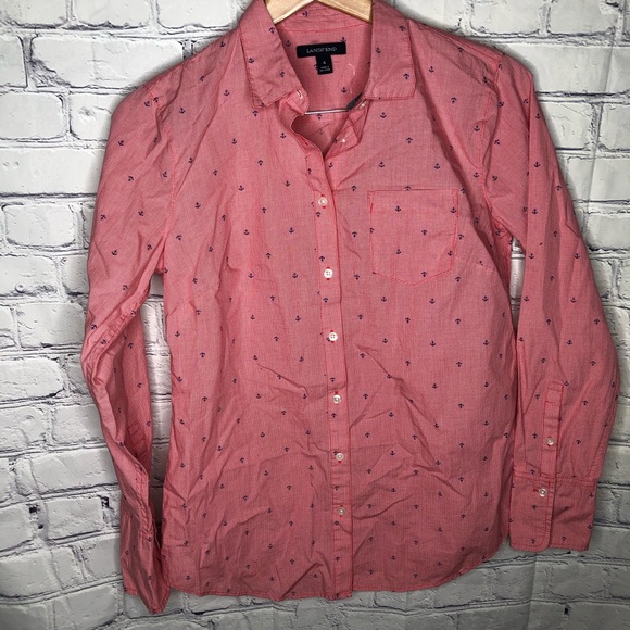 Lands' End Red Anchor Print Button Down Shirt 4